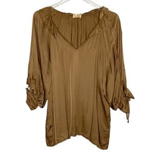 Sofia Made in Italy Brown Satin Flowy Peasant Blouse Boho OS Hippie Pleated